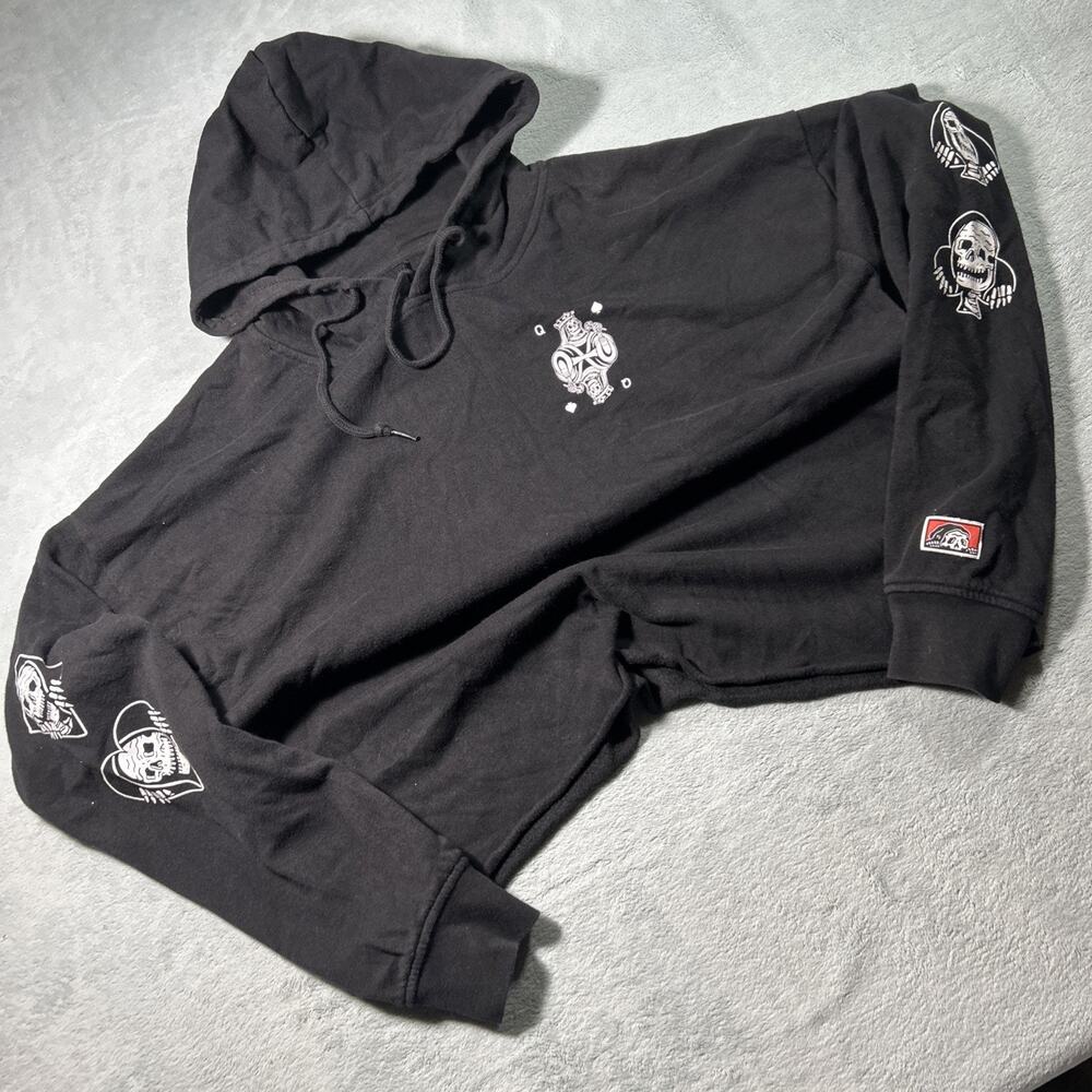 Y2k 2000s Lurking Class Hoodie Mens Large Skeleton Skull Hearts Spade Raw Hem